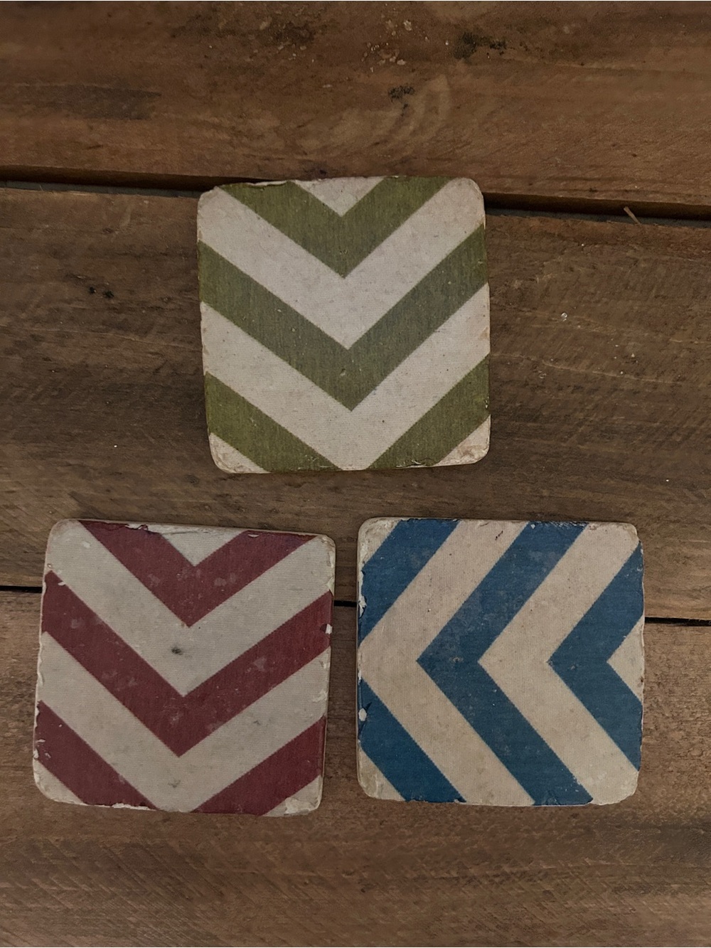 Set of 3 Chevron Pattern stone coasters in Green, Red, and Blue